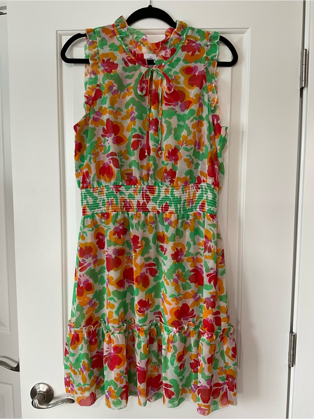 CAbi Floral Tie-Neck Mini Dress in Green, Red & Yellow